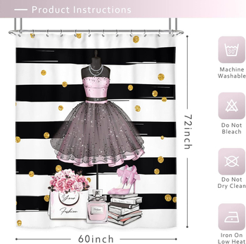 Διασυνοριακή μια γενιά από φόρεμα πριγκίπισσας με ψηλοτάκουνα, τσάντα με λουλούδια, ροζ ριγέ κουρτίνα ντους, διακόσμηση αδιάβροχου καλύμματος μπάνιου