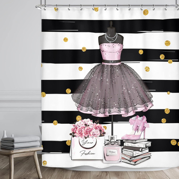 Διασυνοριακή μια γενιά από φόρεμα πριγκίπισσας με ψηλοτάκουνα, τσάντα με λουλούδια, ροζ ριγέ κουρτίνα ντους, διακόσμηση αδιάβροχου καλύμματος μπάνιου