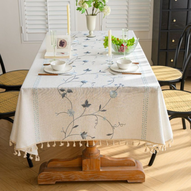 Yimanqiyun skandináv stílusú terítő anyagból, virágos bojtos, hímzett, négyzet alakú terítő, pamut és lenvászon művészi dohányzóasztal-huzat