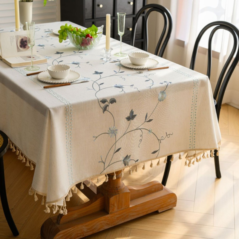 Yimanqiyun skandináv stílusú terítő anyagból, virágos bojtos, hímzett, négyzet alakú terítő, pamut és lenvászon művészi dohányzóasztal-huzat