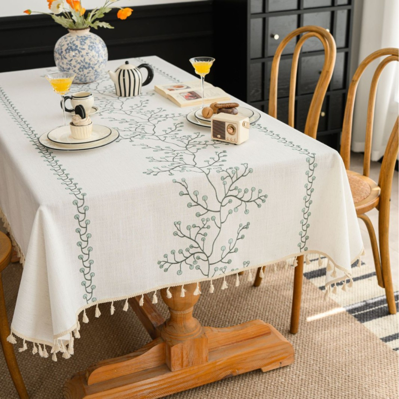 Yimanqiyun skandináv stílusú terítő anyagból, virágos bojtos, hímzett, négyzet alakú terítő, pamut és lenvászon művészi dohányzóasztal-huzat