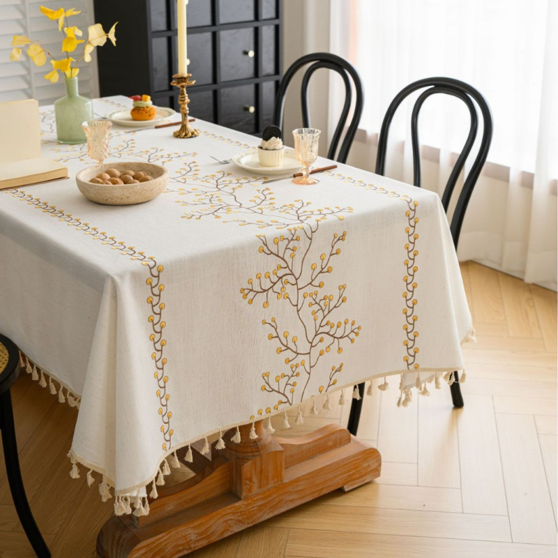 Yimanqiyun skandináv stílusú terítő anyagból, virágos bojtos, hímzett, négyzet alakú terítő, pamut és lenvászon művészi dohányzóasztal-huzat