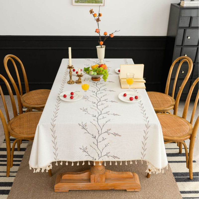 Yimanqiyun skandináv stílusú terítő anyagból, virágos bojtos, hímzett, négyzet alakú terítő, pamut és lenvászon művészi dohányzóasztal-huzat