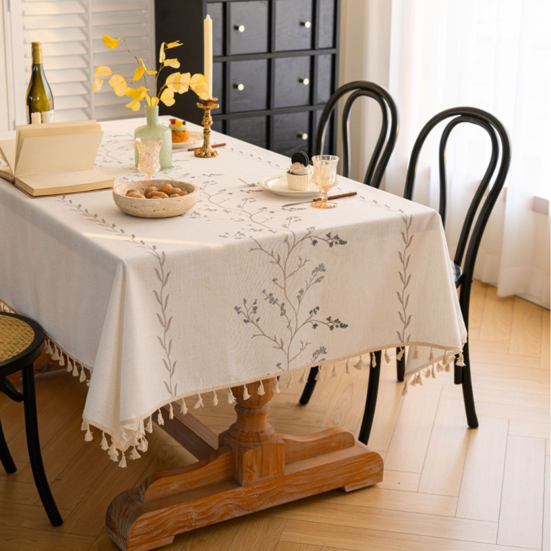 Yimanqiyun skandináv stílusú terítő anyagból, virágos bojtos, hímzett, négyzet alakú terítő, pamut és lenvászon művészi dohányzóasztal-huzat