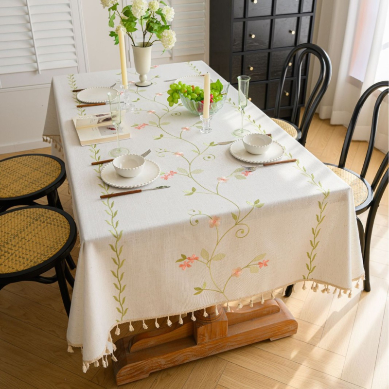 Yimanqiyun skandináv stílusú terítő anyagból, virágos bojtos, hímzett, négyzet alakú terítő, pamut és lenvászon művészi dohányzóasztal-huzat