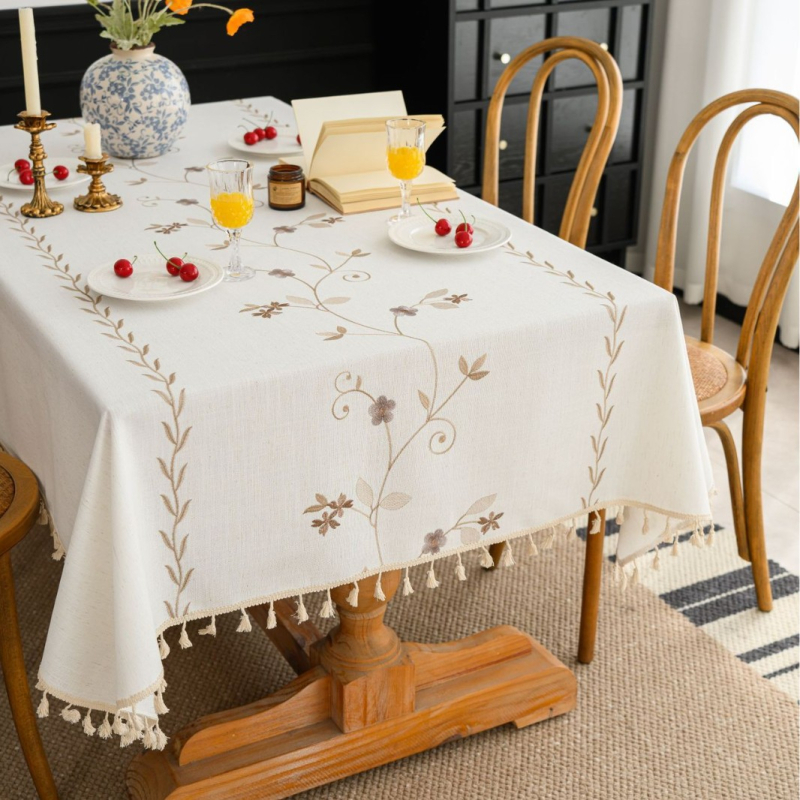 Yimanqiyun skandináv stílusú terítő anyagból, virágos bojtos, hímzett, négyzet alakú terítő, pamut és lenvászon művészi dohányzóasztal-huzat