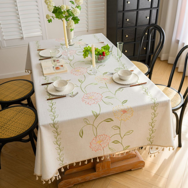 Yimanqiyun skandináv stílusú terítő anyagból, virágos bojtos, hímzett, négyzet alakú terítő, pamut és lenvászon művészi dohányzóasztal-huzat