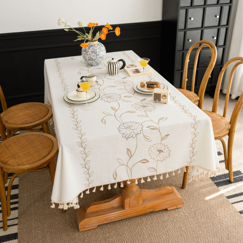Yimanqiyun skandináv stílusú terítő anyagból, virágos bojtos, hímzett, négyzet alakú terítő, pamut és lenvászon művészi dohányzóasztal-huzat