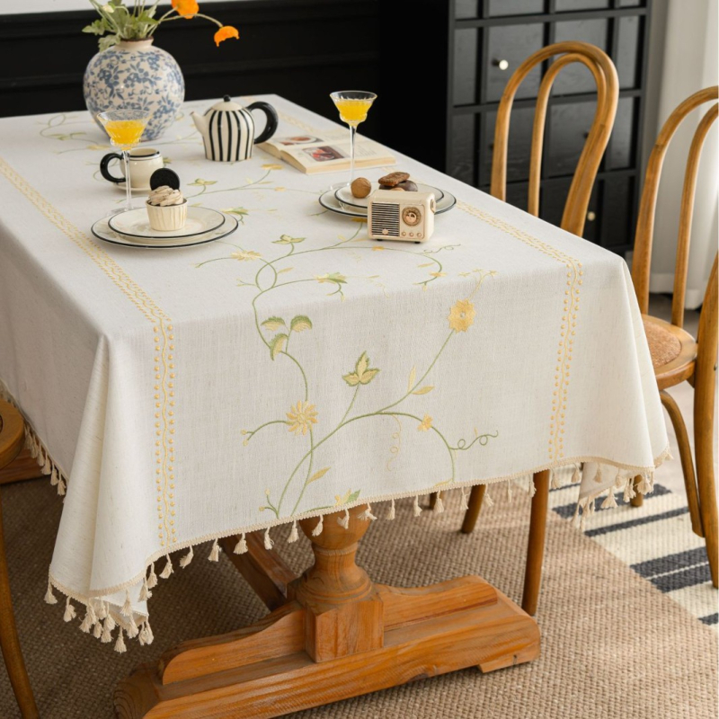 Yimanqiyun skandináv stílusú terítő anyagból, virágos bojtos, hímzett, négyzet alakú terítő, pamut és lenvászon művészi dohányzóasztal-huzat