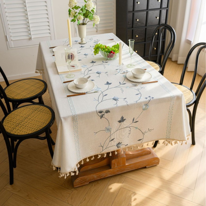 Yimanqiyun skandináv stílusú terítő anyagból, virágos bojtos, hímzett, négyzet alakú terítő, pamut és lenvászon művészi dohányzóasztal-huzat