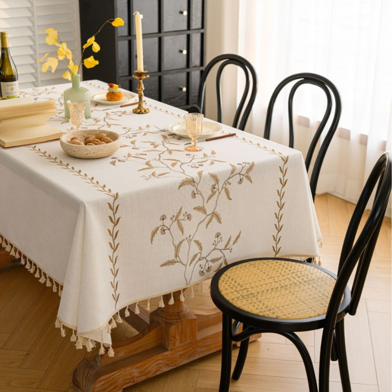 Yimanqiyun skandináv stílusú terítő anyagból, virágos bojtos, hímzett, négyzet alakú terítő, pamut és lenvászon művészi dohányzóasztal-huzat