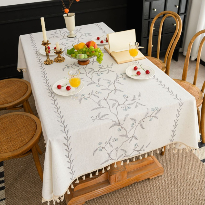 Yimanqiyun skandináv stílusú terítő anyagból, virágos bojtos, hímzett, négyzet alakú terítő, pamut és lenvászon művészi dohányzóasztal-huzat