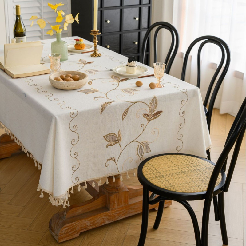 Yimanqiyun skandináv stílusú terítő anyagból, virágos bojtos, hímzett, négyzet alakú terítő, pamut és lenvászon művészi dohányzóasztal-huzat