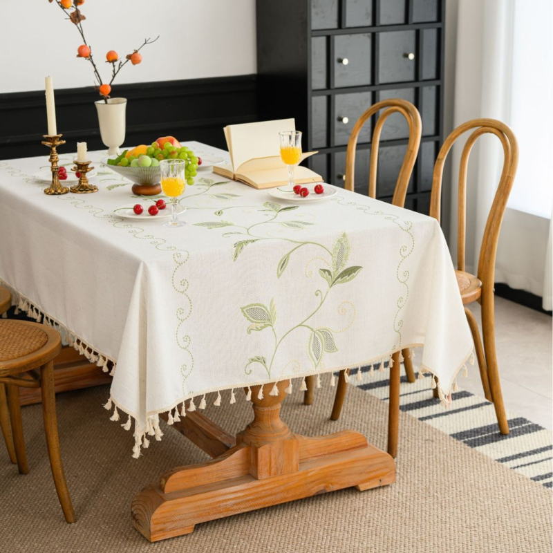 Yimanqiyun skandináv stílusú terítő anyagból, virágos bojtos, hímzett, négyzet alakú terítő, pamut és lenvászon művészi dohányzóasztal-huzat