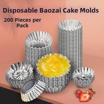 Ühekordselt kasutatav krüsanteemikoogi vorm, ümmargune plekkfooliumist tass, munakoogipuding, hobuserauakujuline koogisupi täidisekott, plekk-paberikauss