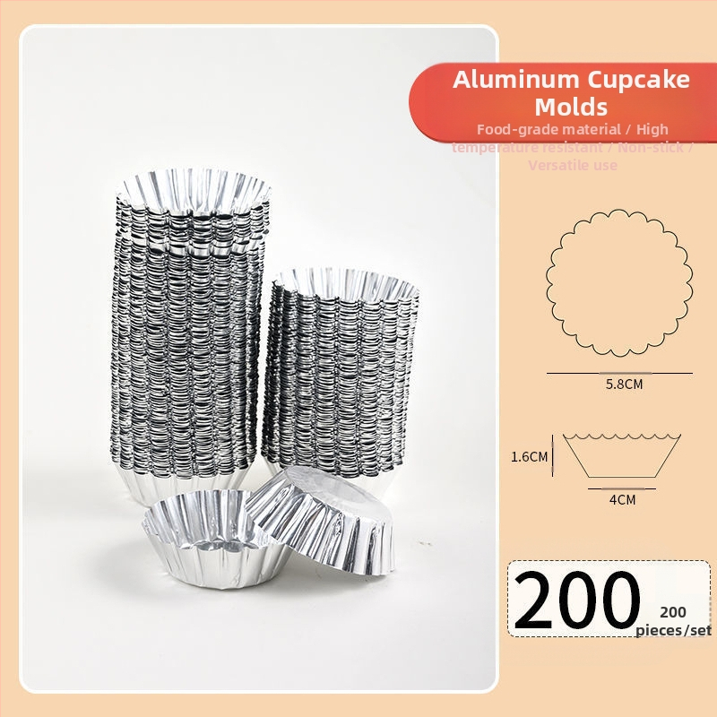 Ühekordselt kasutatav krüsanteemikoogi vorm, ümmargune plekkfooliumist tass, munakoogipuding, hobuserauakujuline koogisupi täidisekott, plekk-paberikauss