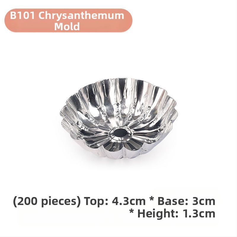 Ühekordselt kasutatav krüsanteemikoogi vorm, ümmargune plekkfooliumist tass, munakoogipuding, hobuserauakujuline koogisupi täidisekott, plekk-paberikauss