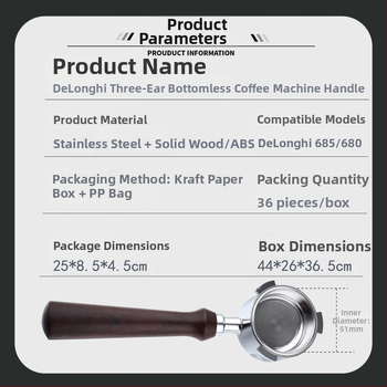 Itališko kavos aparato rankena, kavos masyvo medžio rankena, nerūdijančio plieno, trijų ausų kavos rankena, Delong, dugno neturinti rankena, 51 mm