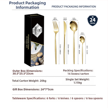 24 dalių auksinių, pasienio stiliaus „Amazon“ portugališkų stalo įrankių rinkinys, ryškus kepsnio peilis, šakutė ir šaukštas, vertingi stalo įrankiai
