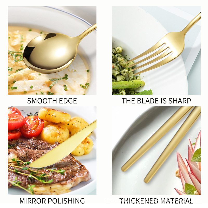 24 dalių auksinių, pasienio stiliaus „Amazon“ portugališkų stalo įrankių rinkinys, ryškus kepsnio peilis, šakutė ir šaukštas, vertingi stalo įrankiai