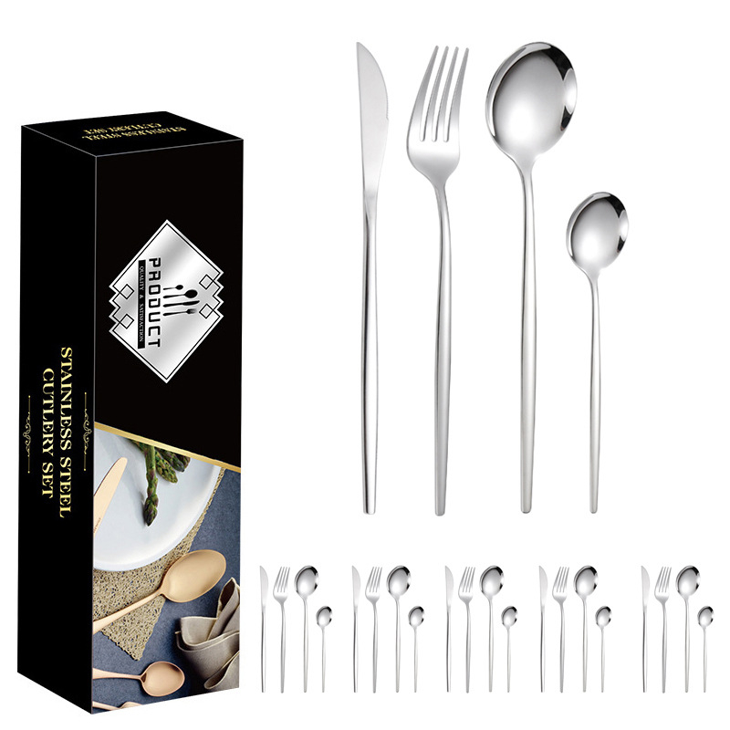 24 dalių auksinių, pasienio stiliaus „Amazon“ portugališkų stalo įrankių rinkinys, ryškus kepsnio peilis, šakutė ir šaukštas, vertingi stalo įrankiai