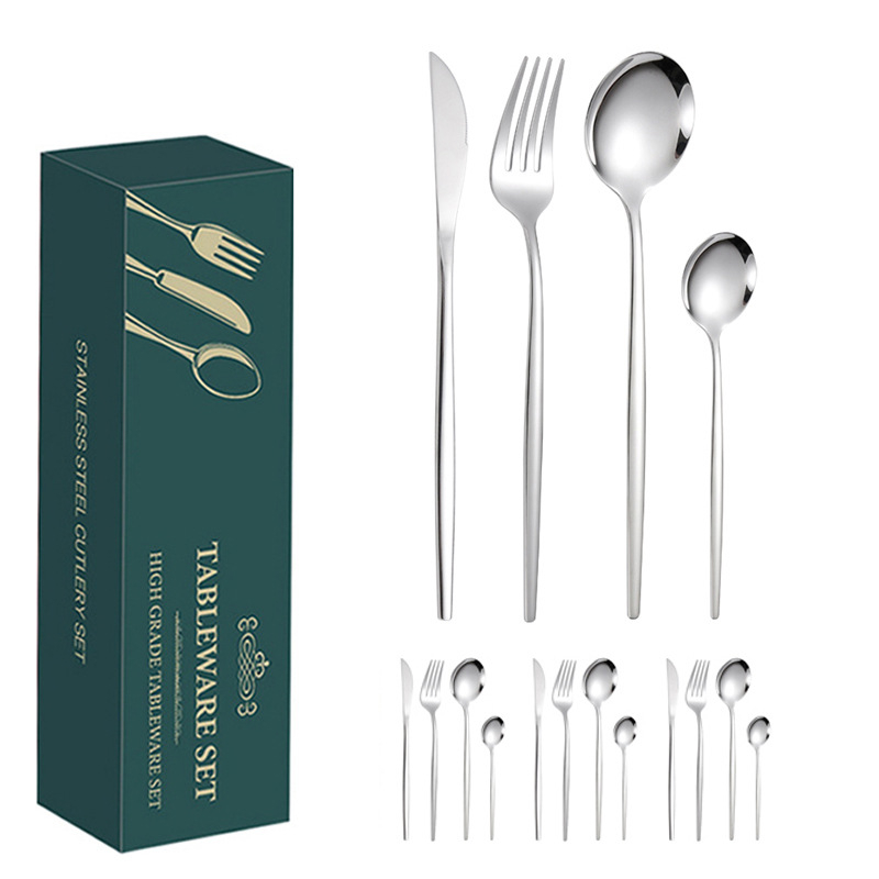 24 dalių auksinių, pasienio stiliaus „Amazon“ portugališkų stalo įrankių rinkinys, ryškus kepsnio peilis, šakutė ir šaukštas, vertingi stalo įrankiai