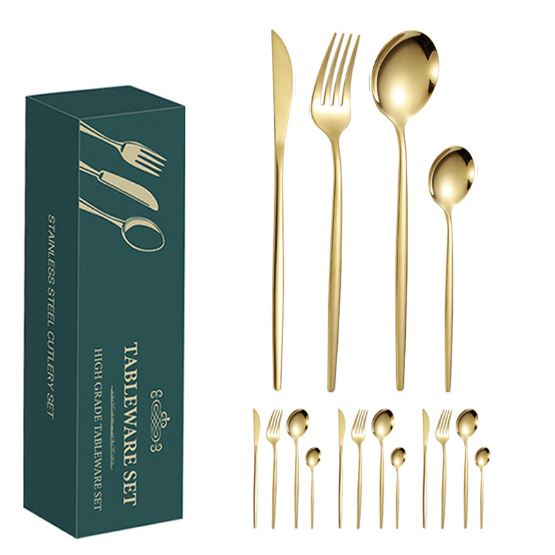 24 dalių auksinių, pasienio stiliaus „Amazon“ portugališkų stalo įrankių rinkinys, ryškus kepsnio peilis, šakutė ir šaukštas, vertingi stalo įrankiai