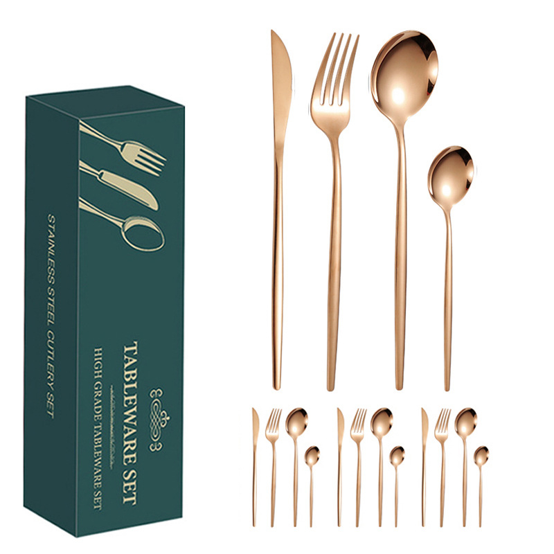 24 dalių auksinių, pasienio stiliaus „Amazon“ portugališkų stalo įrankių rinkinys, ryškus kepsnio peilis, šakutė ir šaukštas, vertingi stalo įrankiai