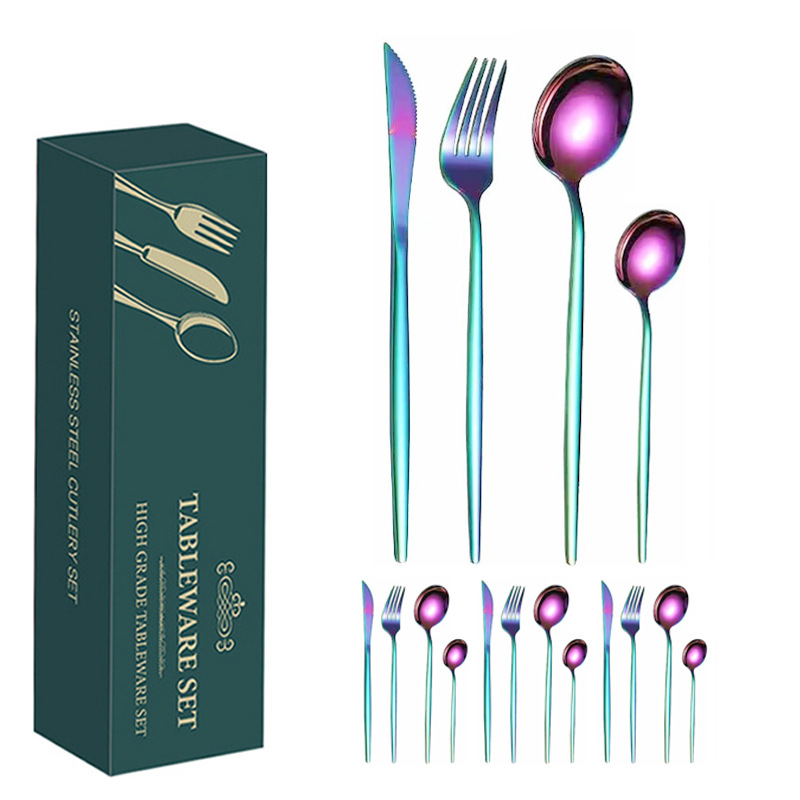 24 dalių auksinių, pasienio stiliaus „Amazon“ portugališkų stalo įrankių rinkinys, ryškus kepsnio peilis, šakutė ir šaukštas, vertingi stalo įrankiai