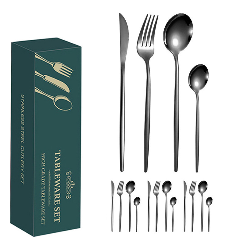 24 dalių auksinių, pasienio stiliaus „Amazon“ portugališkų stalo įrankių rinkinys, ryškus kepsnio peilis, šakutė ir šaukštas, vertingi stalo įrankiai