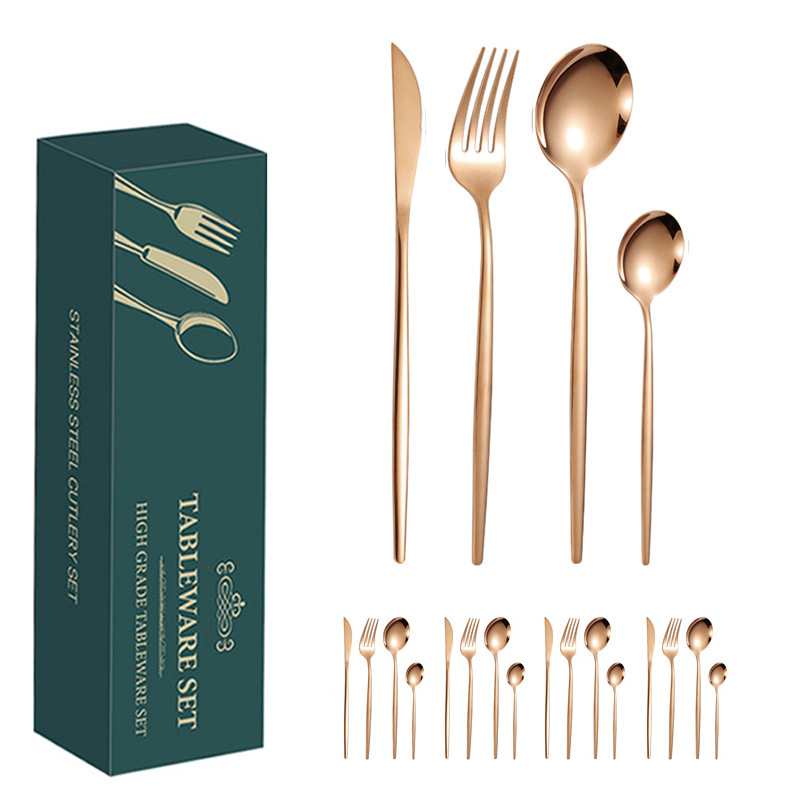 24 dalių auksinių, pasienio stiliaus „Amazon“ portugališkų stalo įrankių rinkinys, ryškus kepsnio peilis, šakutė ir šaukštas, vertingi stalo įrankiai