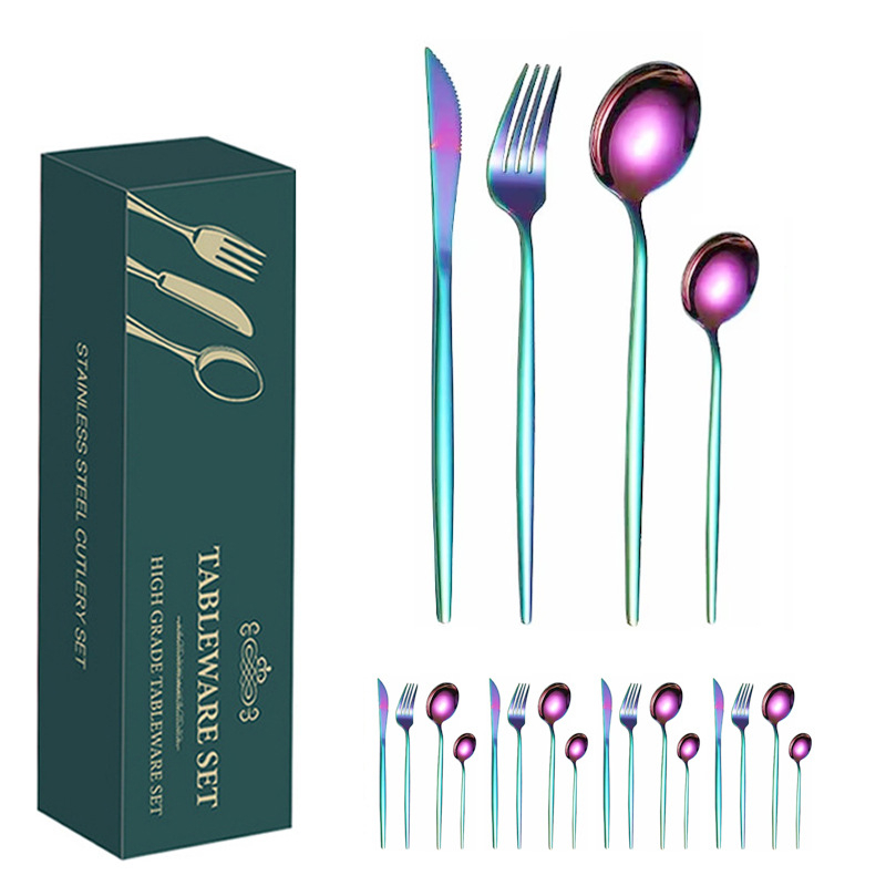 24 dalių auksinių, pasienio stiliaus „Amazon“ portugališkų stalo įrankių rinkinys, ryškus kepsnio peilis, šakutė ir šaukštas, vertingi stalo įrankiai