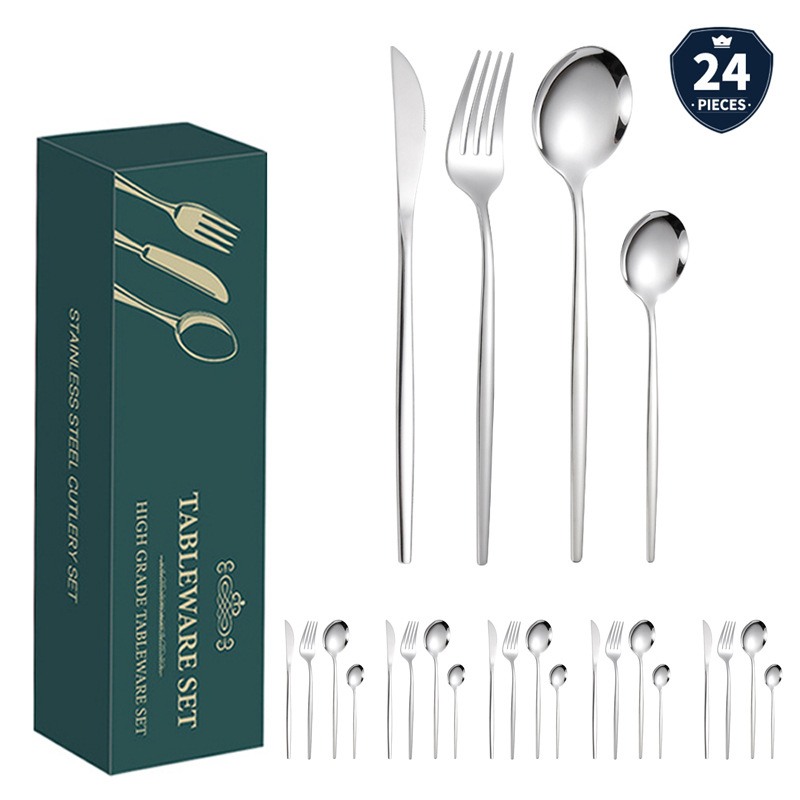 24 dalių auksinių, pasienio stiliaus „Amazon“ portugališkų stalo įrankių rinkinys, ryškus kepsnio peilis, šakutė ir šaukštas, vertingi stalo įrankiai