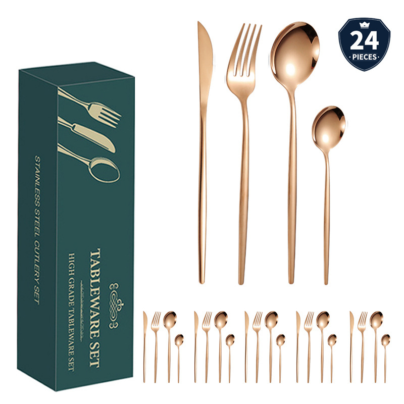 24 dalių auksinių, pasienio stiliaus „Amazon“ portugališkų stalo įrankių rinkinys, ryškus kepsnio peilis, šakutė ir šaukštas, vertingi stalo įrankiai