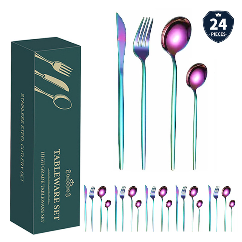 24 dalių auksinių, pasienio stiliaus „Amazon“ portugališkų stalo įrankių rinkinys, ryškus kepsnio peilis, šakutė ir šaukštas, vertingi stalo įrankiai