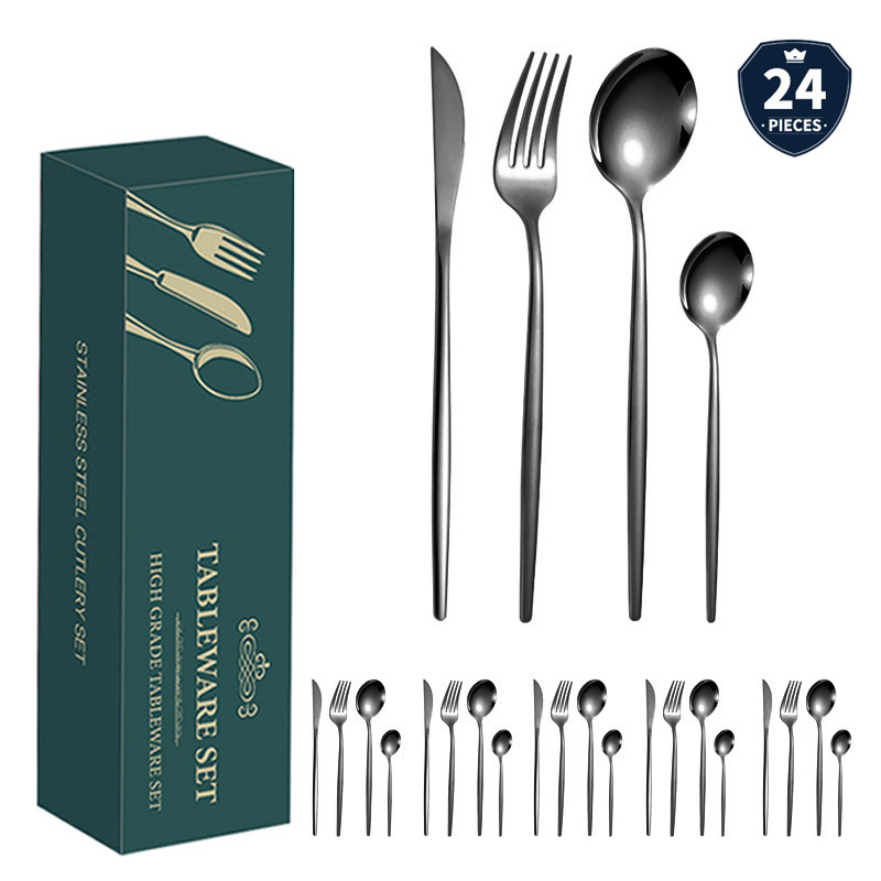 24 dalių auksinių, pasienio stiliaus „Amazon“ portugališkų stalo įrankių rinkinys, ryškus kepsnio peilis, šakutė ir šaukštas, vertingi stalo įrankiai