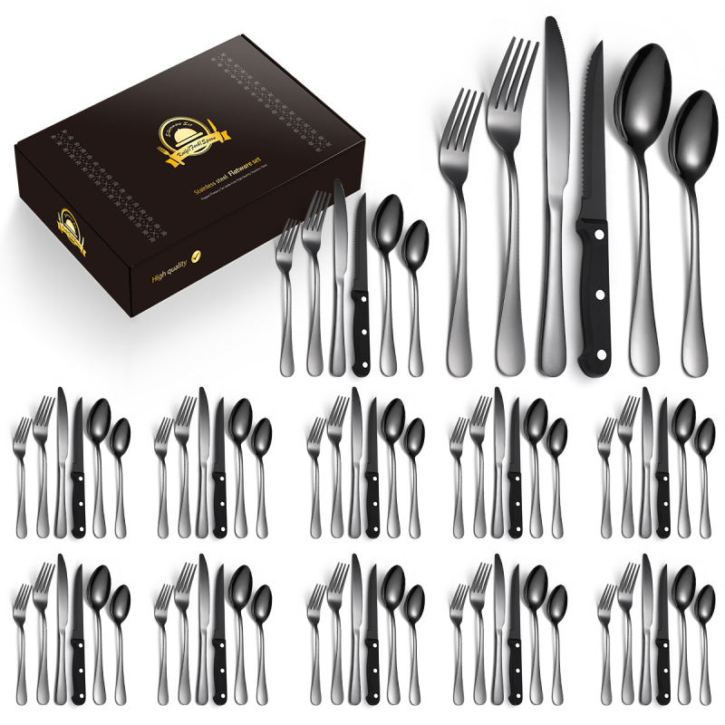 Tarpvalstybinis karšto pardavimo „Amazon 1010“ nerūdijančio plieno kepsnio peilis, šakutė ir šaukštas, 72/48/24 dalių buitinių stalo įrankių rinkinys