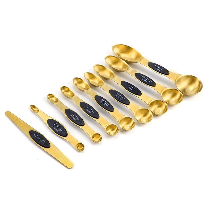 Nerūdijančio plieno matavimo puodelių ir matavimo šaukštų rinkinys, 23 dalys su skale, magnetinis dvigalvis matavimo šaukštas, aukso spalvos, juodas kepimo matavimo įrankis