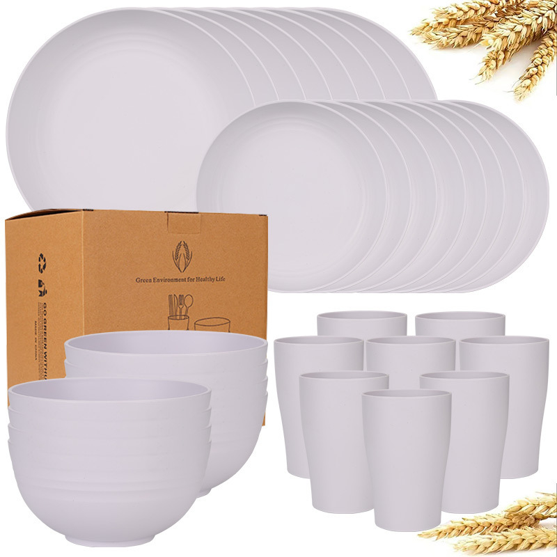 Temu Amazon Explosions búzaszalma tál, pohár, 32 darabos vastagított műanyag vacsoratányér edények étkészlet öltöny