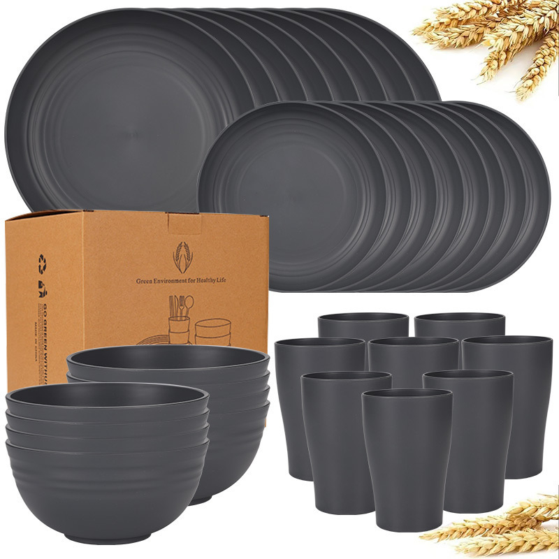 Temu Amazon Explosions búzaszalma tál, pohár, 32 darabos vastagított műanyag vacsoratányér edények étkészlet öltöny