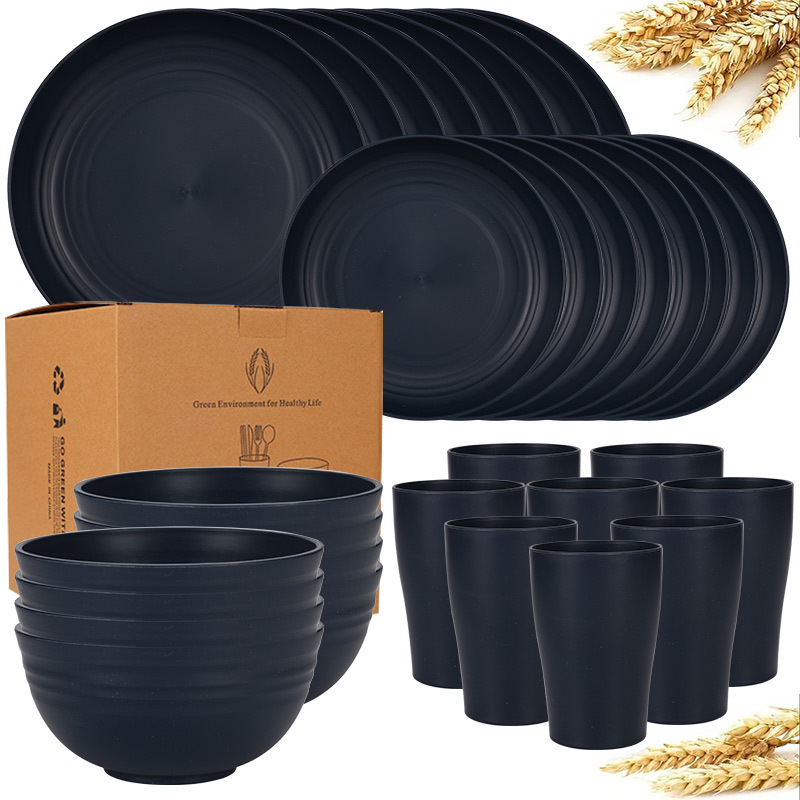 Temu Amazon Explosions búzaszalma tál, pohár, 32 darabos vastagított műanyag vacsoratányér edények étkészlet öltöny