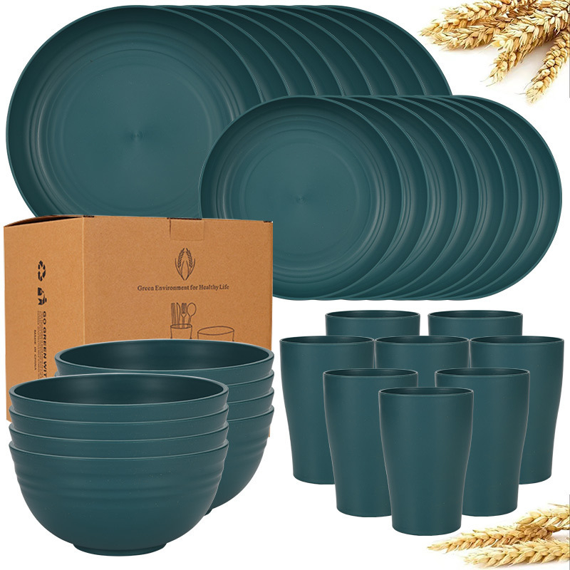 Temu Amazon Explosions búzaszalma tál, pohár, 32 darabos vastagított műanyag vacsoratányér edények étkészlet öltöny