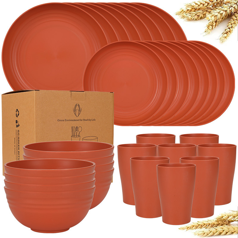 Temu Amazon Explosions búzaszalma tál, pohár, 32 darabos vastagított műanyag vacsoratányér edények étkészlet öltöny