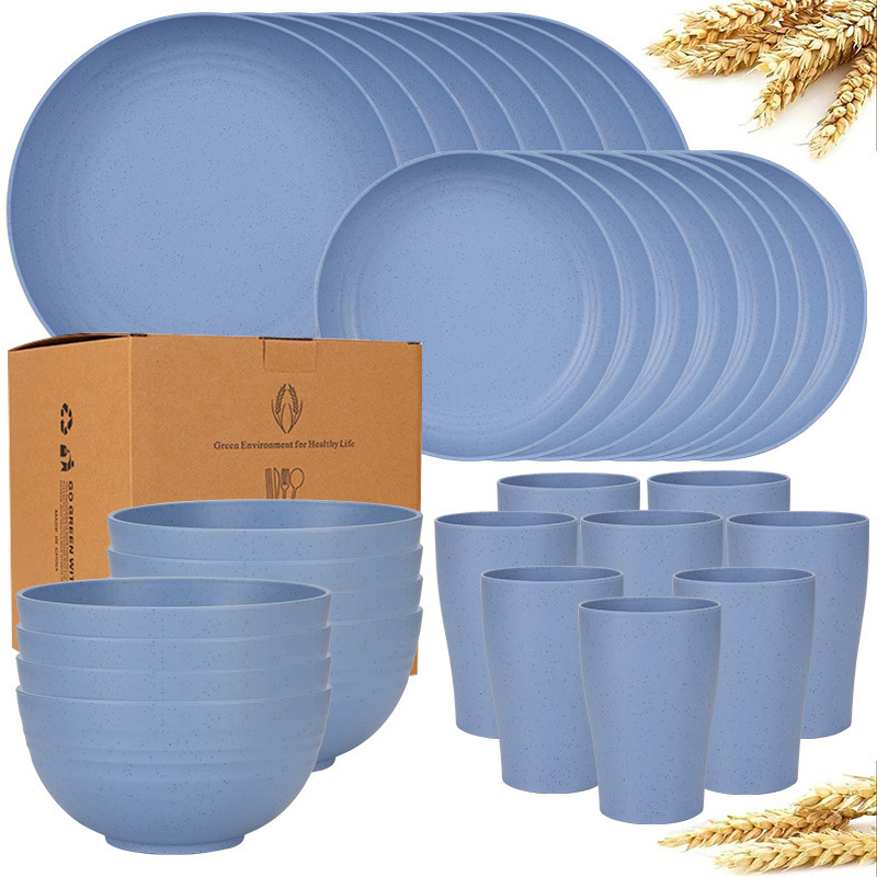 Temu Amazon Explosions búzaszalma tál, pohár, 32 darabos vastagított műanyag vacsoratányér edények étkészlet öltöny