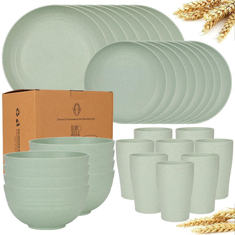Temu Amazon Explosions búzaszalma tál, pohár, 32 darabos vastagított műanyag vacsoratányér edények étkészlet öltöny
