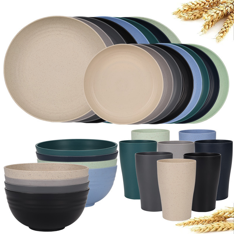 Temu Amazon Explosions búzaszalma tál, pohár, 32 darabos vastagított műanyag vacsoratányér edények étkészlet öltöny