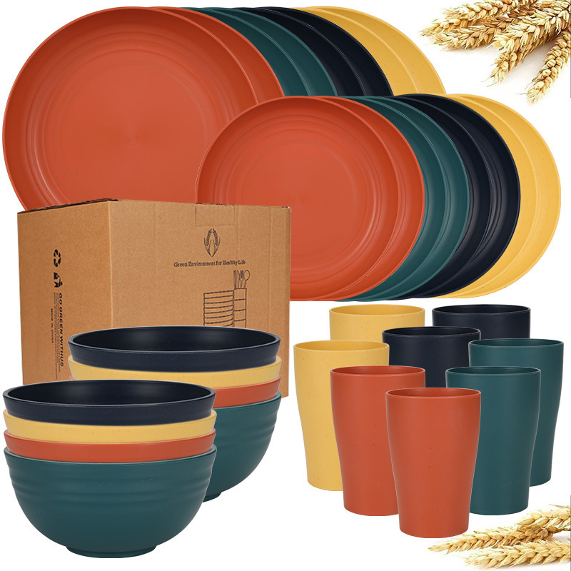 Temu Amazon Explosions búzaszalma tál, pohár, 32 darabos vastagított műanyag vacsoratányér edények étkészlet öltöny