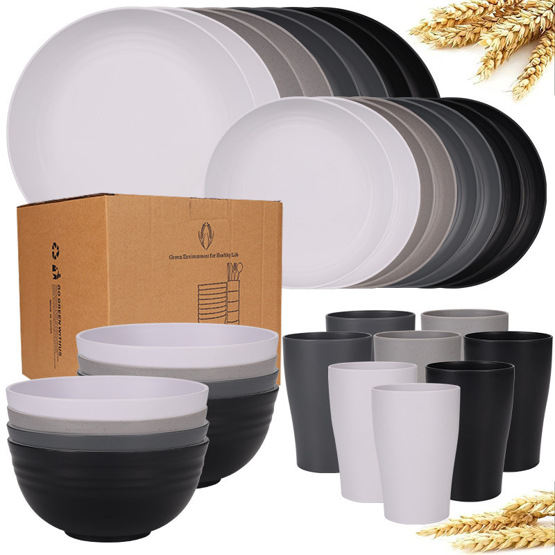 Temu Amazon Explosions búzaszalma tál, pohár, 32 darabos vastagított műanyag vacsoratányér edények étkészlet öltöny