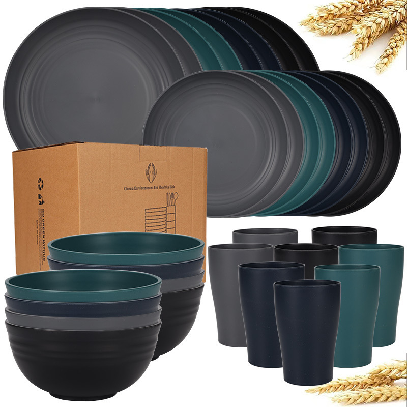 Temu Amazon Explosions búzaszalma tál, pohár, 32 darabos vastagított műanyag vacsoratányér edények étkészlet öltöny