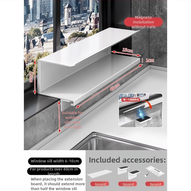 Löögivaba köögi aknalaua pikendusplaadi hoiuriiul, tööpinna laiendatud akna magnetiline vaheseina pikendus, kahekihiline hoiuriiul